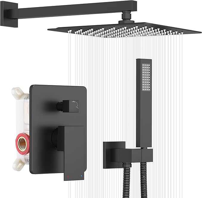 ESNBIA Shower System, Black Shower Faucet Set with Shower Head and Handle Set, 10 Inches Rain Shower Head with Handheld Spray Combo, High Pressure Shower Head Set with Shower Valve, Matte Black