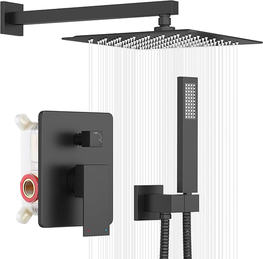 ESNBIA Shower System, Black Shower Faucet Set with Shower Head and Handle Set, 10 Inches Rain Shower Head with Handheld Spray Combo, High Pressure Shower Head Set with Shower Valve, Matte Black