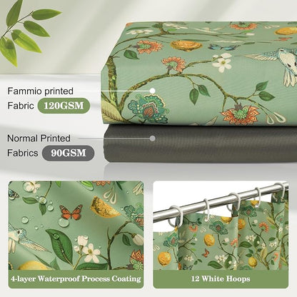 Green Floral Bird Shower Curtain 72x84, Hummingbird and Lemon Botanical Fabric Bath Curtains, Lightweight Quick-Dry Bathroom Decor Set with Hooks
