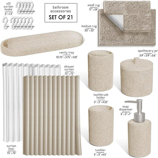 Clara Clark Beige Bathroom Set - Bathroom Sets with Shower Curtain and Rugs, 21PC Bathroom Accessory Set, Shower Curtain Set with Soap Dispenser & Toothbrush Holder