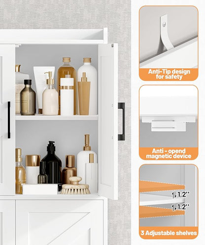 Akxomel Tall Bathroom Floor Cabinet with 6 Barn Door 60.2''H Pantry White | 11.6''D x 22.6''W Linen Storage Cabinet with Adjustable Shelves, for Kitchen, Living Room, Entryway