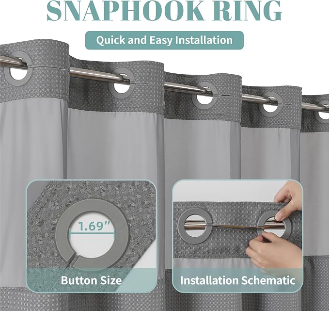 eachope No Hook Waffle Shower Curtain with Snap-in Liner, 36x74 Inch, Grey | 230GSM waffle weave fabric, waterproof liner set with 2 bottom magnets, mesh window, washable, for shower stalls or bathrooms