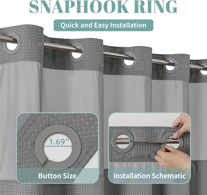 eachope No Hook Waffle Shower Curtain with Snap-in Liner, 60x86 Inch, Grey | 230GSM waffle weave fabric, waterproof liner set with 2 bottom magnets, mesh window, washable, for shower stalls or bathrooms