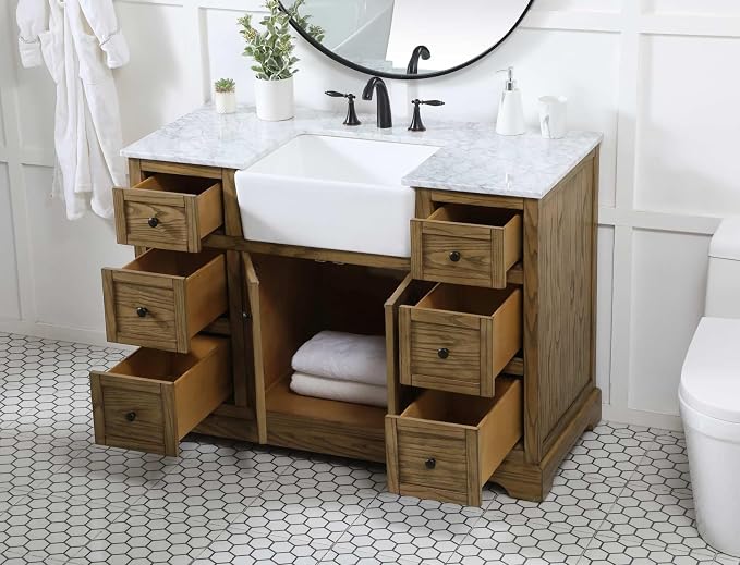 48" Pre-Assembled Bathroom Vanity with Sink, Solid Birch and MDF, Carrara White Marble Countertop Attached, Single Rectangle Porcelain Sink, 6 Soft-Close Drawers, Driftwood