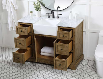 48" Pre-Assembled Bathroom Vanity with Sink, Solid Birch and MDF, Carrara White Marble Countertop Attached, Single Rectangle Porcelain Sink, 6 Soft-Close Drawers, Driftwood