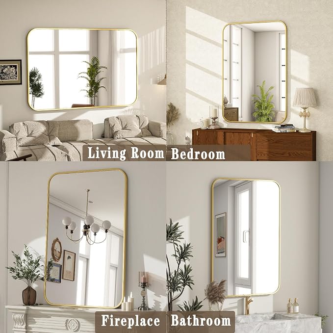 24x36 Inch Gold Bathroom Vanity Mirror for Over Sink | Rectangle Wall Mirror for Bathroom with Round Corner, Hangs Horizontally Vertically for Living Room, Bedroom as Home Decor