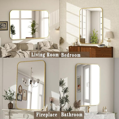 24x36 Inch Gold Bathroom Vanity Mirror for Over Sink | Rectangle Wall Mirror for Bathroom with Round Corner, Hangs Horizontally Vertically for Living Room, Bedroom as Home Decor