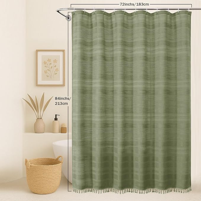 Extra Long Boho Shower Curtain 84 Inch Long, Modern Farmhouse Heavy Duty Linen Textured Soft Fabric, Rustic Country Cloth Shower Curtain with Tassel for Bathroom Hotel, 72Wx84L, Sage Green
