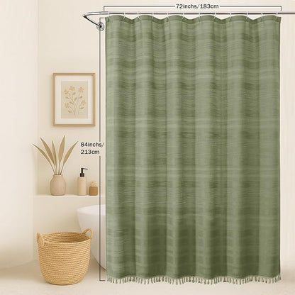 Extra Long Boho Shower Curtain 84 Inch Long, Modern Farmhouse Heavy Duty Linen Textured Soft Fabric, Rustic Country Cloth Shower Curtain with Tassel for Bathroom Hotel, 72Wx84L, Sage Green