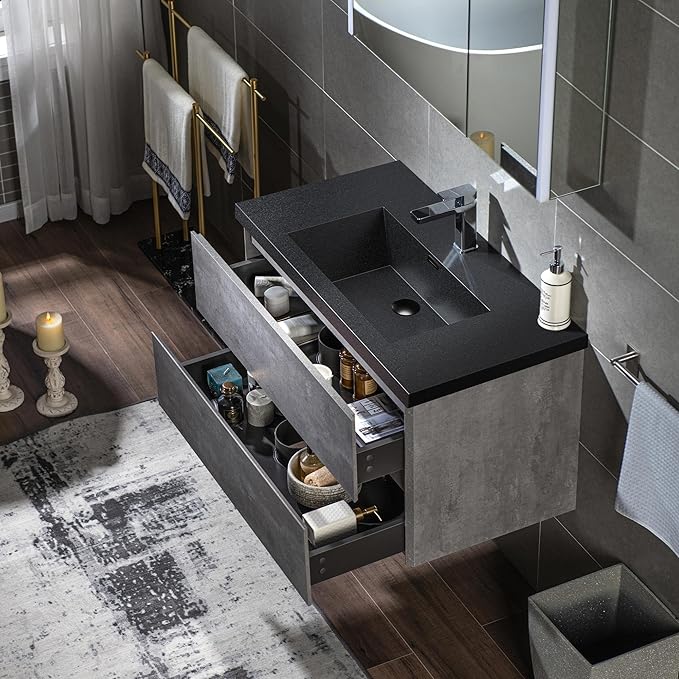 WOODBRIDGE 36 in. W x 19 in. D Wall Mounted Floating Bathroom Vanity in Gray with Quartz Sand Composite Vanity Top in Matte Black