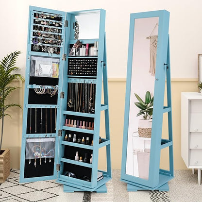GOFLAME 360° Rotating Jewelry Armoire, Lockable Jewelry Cabinet with Full-Length Mirror & Inner Makeup Mirror, Standing Jewelry Storage Organizer with Rear Storage Shelves, Sky Blue