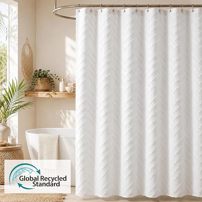 Off White Boho Fabric Shower Curtain 72 x 72 Inches, Modern Shabby Chic Textured Tufted Chevron Striped Minimalist Cloth Bathroom Shower Curtain