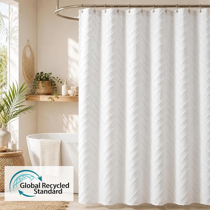 White Boho Fabric Shower Curtain 72 x 72 Inches, Modern Shabby Chic Textured Tufted Chevron Striped Minimalist Cloth Bathroom Shower Curtain