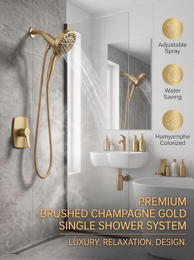High Pressure Handheld Shower Head Brushed Gold- Anti-clog Nozzles, Built-in Power Wash to Clean Tub, Wall & Overhead Brackets,Magnetitc Rainfall Showerhead with handheld