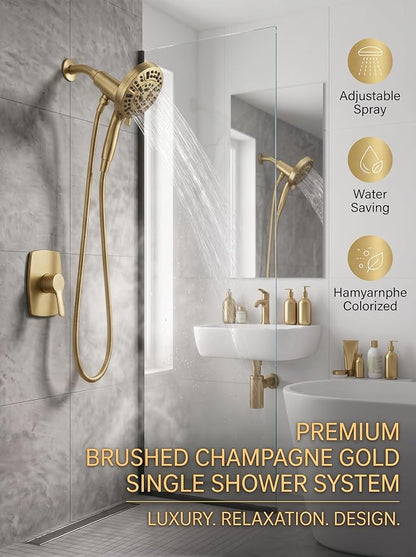 High Pressure Handheld Shower Head Brushed Gold- Anti-clog Nozzles, Built-in Power Wash to Clean Tub, Wall & Overhead Brackets,Magnetitc Rainfall Showerhead with handheld