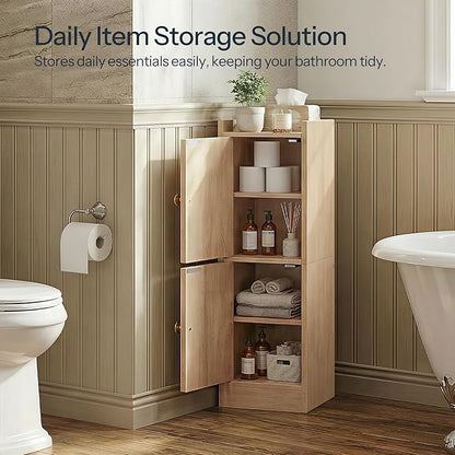 HOOBRO Small Bathroom Storage Cabinet, 9.8" W x 7.9" D x 30.7" H Small Cabinet for Bathroom with Doors, Farmhouse Floor Cabinet with 2 Adjustable Shelves, Narrow Toilet Paper Cabinet, Natural