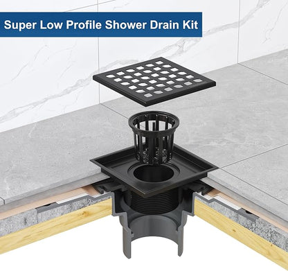 Neodrain 4" Low Profile Square Shower Drain Kit, Matte Black | 304 Stainless Steel, Removable Grate/Drainage Key, PVC Bonding Flange Base with Fabric, For Low Profile Shower Pan