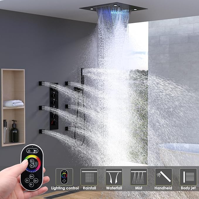 Enga Full Body LED Thermostatic Shower System with Body Jets, 20-Inch 3 Function Shower Head (Rainfall & Mist & Waterfall), Luxury Multi Function Rain Shower Faucet Set, Matte Black