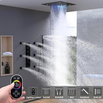 Enga Full Body LED Thermostatic Shower System with Body Jets, 20-Inch 3 Function Shower Head (Rainfall & Mist & Waterfall), Luxury Multi Function Rain Shower Faucet Set, Matte Black