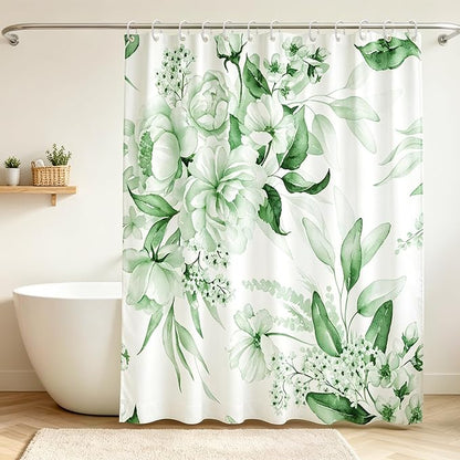 Floral Flower Green Shower Curtain with 12 Hooks,120GSM 72x72 | CHIC BATH DECOR: Features watercolor abstract design; waterproof green shower curtain set with 12 plastic hooks