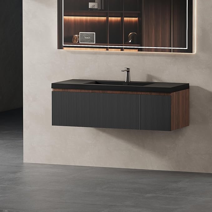 48" Floating Bathroom Vanity Sink Combo, Wall-Mounted Cabinet with Soft-Close Drawer & Black Quartz Sand Basin, Modern，Elegant Smoked Walnut