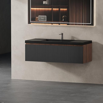 48" Floating Bathroom Vanity Sink Combo, Wall-Mounted Cabinet with Soft-Close Drawer & Black Quartz Sand Basin, Modern，Elegant Smoked Walnut