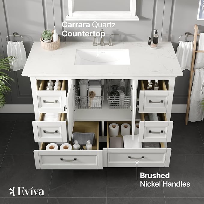 Eviva Britney 48 in. White Single Sink Bath Vanity with Carrara Quartz Top and Undermount Porcelain Sink