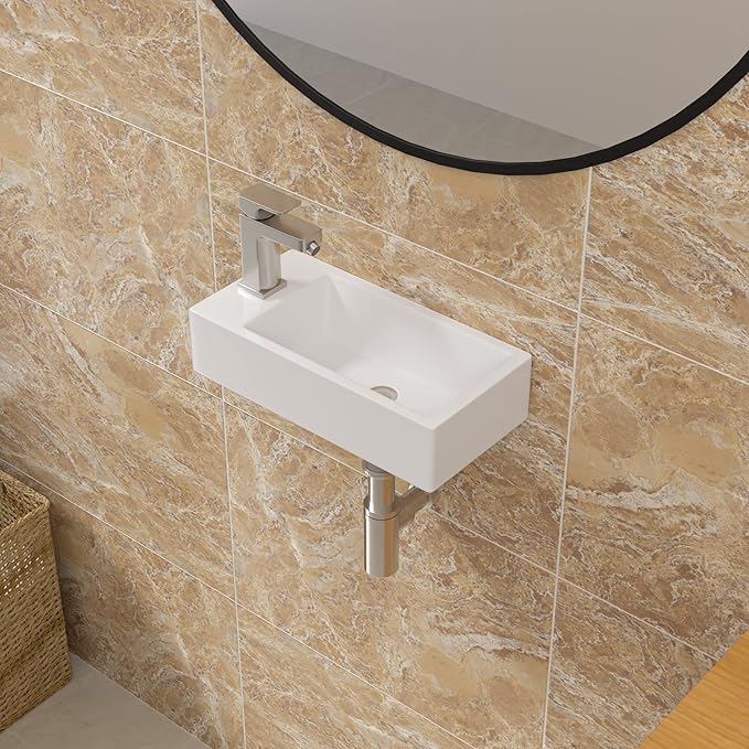 Sarlai Floating Vessel Sink - 15"x7" Wall Hang Small Bathroom Sinks Modern Rectangle Floating White Porcelain Ceramic Garden Wash Hand Sink, Left Hand