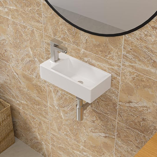 Sarlai Floating Vessel Sink - 15"x7" Wall Hang Small Bathroom Sinks Modern Rectangle Floating White Porcelain Ceramic Garden Wash Hand Sink, Left Hand
