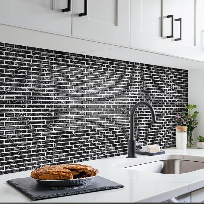 URCOLOR 10-Sheet Peel and Stick Backsplash Tile for Kitchen - 12”×12” Stick on Wall Tile for Bathroom, Black