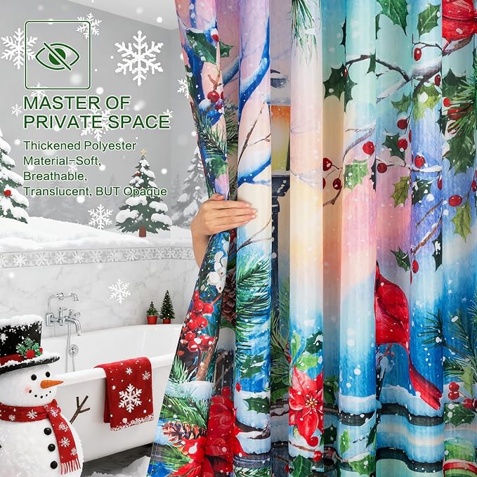 Winter Shower Curtain, Shower Curtains Cardinal Birds Berry Snowman Pine Tree Holiday showercurtain Waterproof Polyester Machine Washable Home Farmhouse Decor Bathroom Curtains