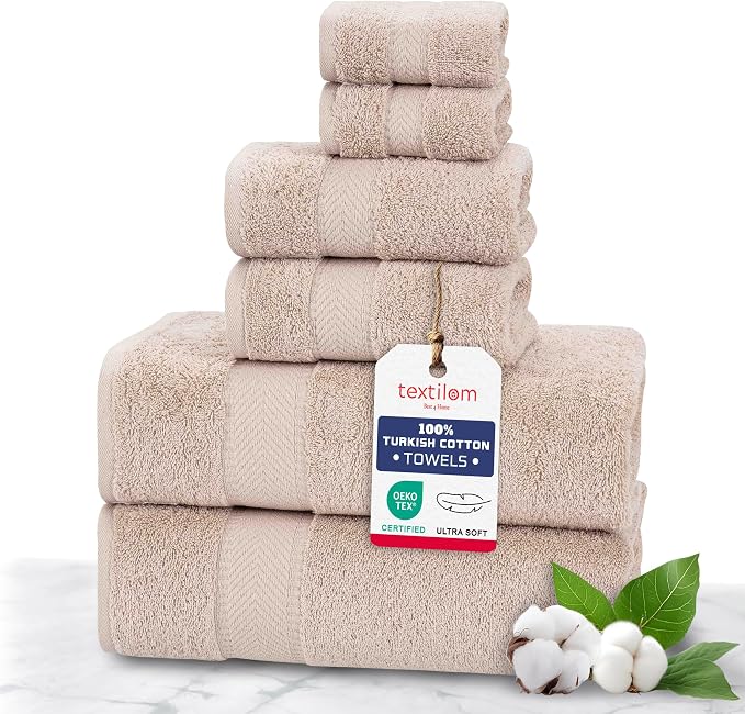 100% Turkish Cotton 6 Pcs Bath Towel Set, Luxury Bath Towels for Bathroom, Soft & Absorbent Bathroom Towels Set (2 Bathtowels, 2 Hand Towels, 2 Washcloths)- Beige