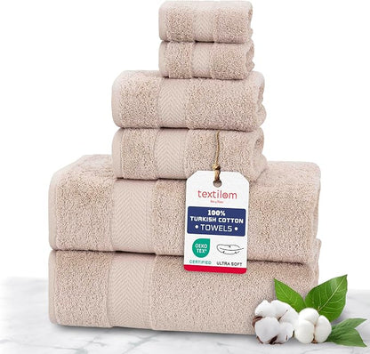 100% Turkish Cotton 6 Pcs Bath Towel Set, Luxury Bath Towels for Bathroom, Soft & Absorbent Bathroom Towels Set (2 Bathtowels, 2 Hand Towels, 2 Washcloths)- Beige