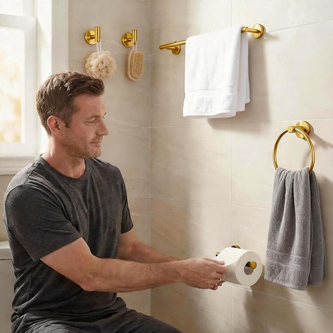 5-Piece Bathroom Hardware Set, Gold SUS304 Stainless Steel Bathroom Accessories Kit, Includes 24" Towel Bar, Toilet Paper Holder, Towel Ring & 2 Robe Hooks, Wall Mounted, Rustproof Modern Design