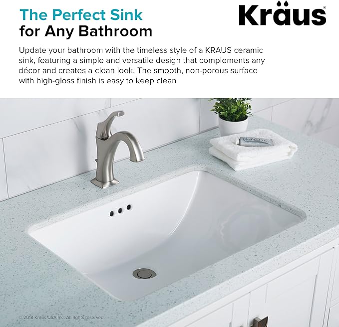 KRAUS Elavo 23-inch Rectangular Undermount White Porcelain Ceramic Bathroom Sink with Overflow, KCU-251