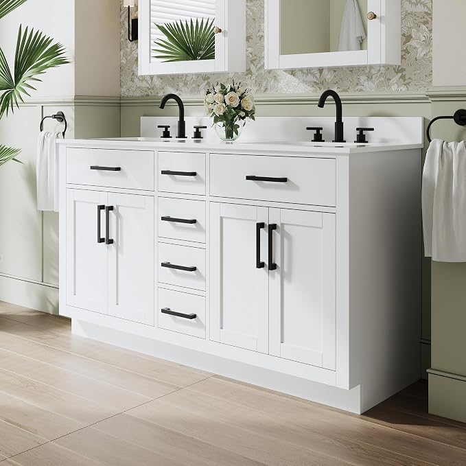 60-Inch Bathroom Vanity with Double Sinks W/ 4 Doors & 4 Drawers & 2 Flip Drawers, White Vanity W/Matte Black Handles