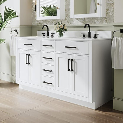 60-Inch Bathroom Vanity with Double Sinks W/ 4 Doors & 4 Drawers & 2 Flip Drawers, White Vanity W/Matte Black Handles