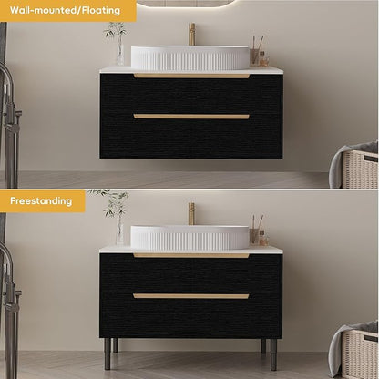 36 inch Bathroom Vanity with Sink and Countertop, Modern Freestanding Bathroom Vanity Cabinet with Oval Ceramic Vessel Sink, 4 Soft Closing Drawers, Adjustable Metal Legs, 2-in-1 Installation, Black