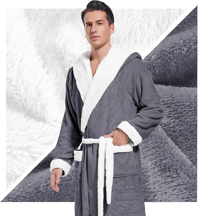 Inner Wish Mens Hooded Robe, Plush Long Bath robes Cozy Warm Bathrobe Fuzzy male Spa Robe With Pockets