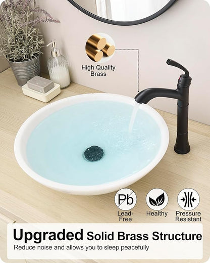 Brass Vessel Sink Faucet Black Single Handle, Tall Bathroom Faucets for Vessel Sinks 1 Hole with Pop-Up Drain, Pre-Installed Hoses, Removable Aerator