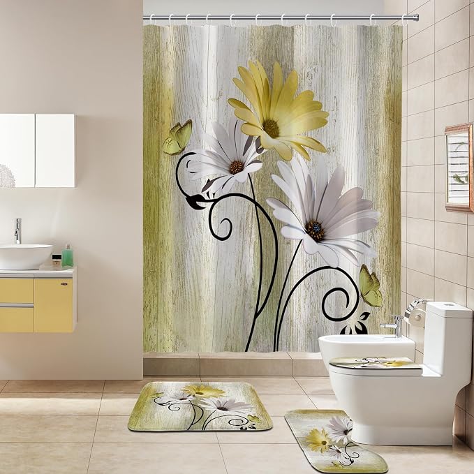 Onalasyc 4PCS Yellow Daisy Bathroom Sets with Shower Curtain and Rugs | Country Floral Butterfly Shower Curtain Set,Modern Bathroom Decor Shower Curtains Set with Rugs Toilet Lid Cover and 12 Hooks