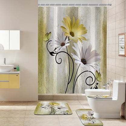 Onalasyc 4PCS Yellow Daisy Bathroom Sets with Shower Curtain and Rugs | Country Floral Butterfly Shower Curtain Set,Modern Bathroom Decor Shower Curtains Set with Rugs Toilet Lid Cover and 12 Hooks