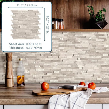 SUNWINGS 5-Sheet Peel and Stick Mosaic Natural 3D Stone Self Adhesive Marble Tiles, 11.5" x 10.7" Stick on Backsplash for Kitchen Bathroom Fireplace Vanity, Mixed Tan