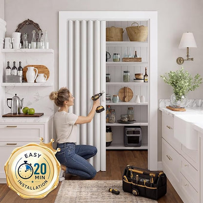 SmartStandard 60" x 80" Accordion Doors Interior, Double Walled, White | Easy to Assemble, Save Space, PVC Accordion Folding Doors for Closet Doorway Basement, with Track and Hardware