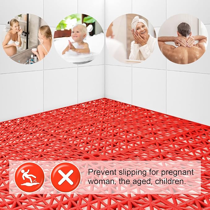 Modular Interlocking Cushion 12 Pack 11.8" x 11.8" Rubber Floor Tiles Non-Slip Splicing Drainage Mats for Deck, Pool, Outdoor Shower, Patio, Balcony, Indoor Bathroom, Kitchen, Yard (Red)