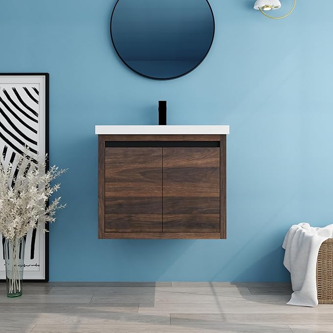 24 Inch Bathroom Vanity with Sink, 24" Floating Vanity, Premium Plywood Wooden Bathroom Cabinet with 2 Doors, Modern Wall Mounted Cabinet Set with White Ceramic Sink, Silent Operation (Brown)