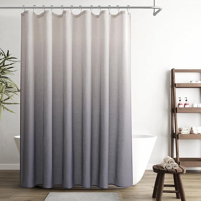 Ombre Grey Linen Shower Curtain, Rustic Boho Farmhouse Style Bath Curtains for Bathroom, Cotton Blend Water Resistant Fabric Shower Curtain with Stainless Steel Hooks, 72 x 84 Inch