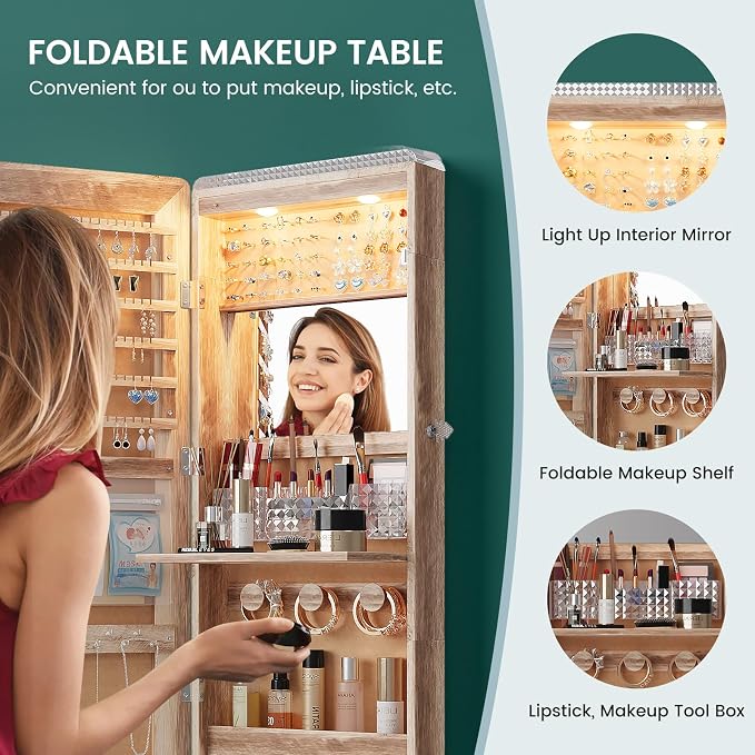 HNEBC Full Length Mirror with Storage, Wall Mounted Jewelry Cabinet with RGB Lights & Remote, Lockable Over Door Jewelry Organizer with Drawer, Foldout Makeup Tray 47.2" Hx14.5 Wx3.9 D, Natural