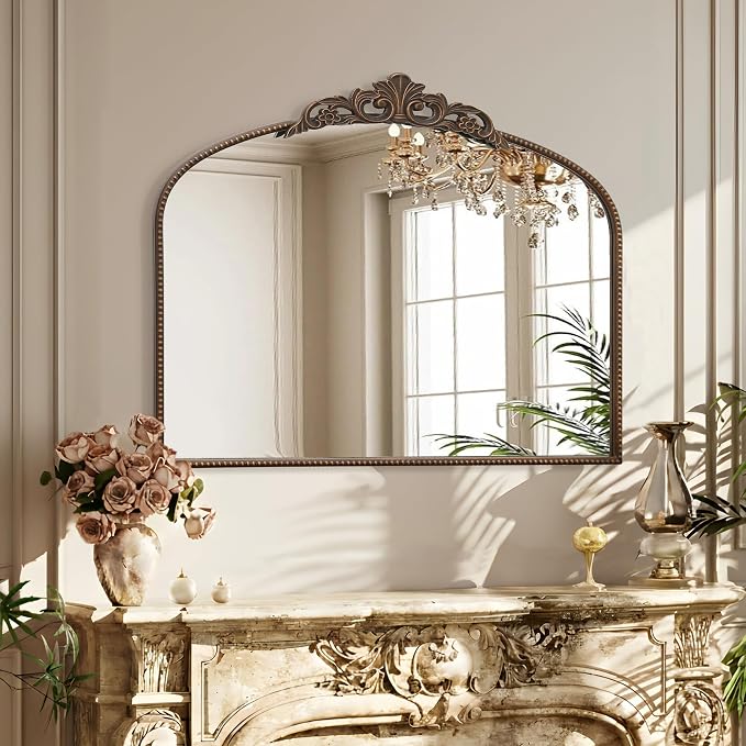 Micasso Vintage Bronze Wall Mirror: 40"x29" Baroque Antique Arched Mirror | Traditional Ornate French Decorative Mirror for Bedroom/Bathroom/Fireplace/Entryway/Hallway/Dresser/Vanity/Mantel/Nightstand