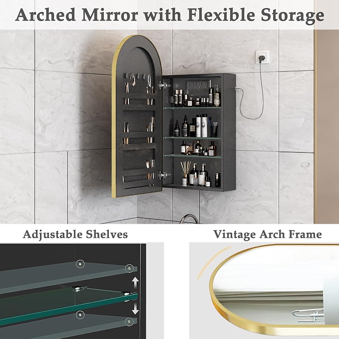 Gold Arched Bathroom Cabinet with Outlet,20 x 34 Inch Arched Medicine Cabinet with Mirror,Bathroom Mirrors for Over Sink with Storage,Surface Mounted Medicine Cabinet with Adjustable Shelf